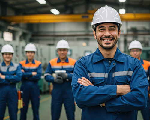 A Diverse Team Of Skilled Engineers And Technicians Posing Confidently In A Modern Manufacturing Facility