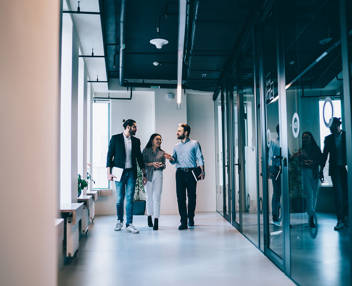 Business Group Walking In Office Corridor